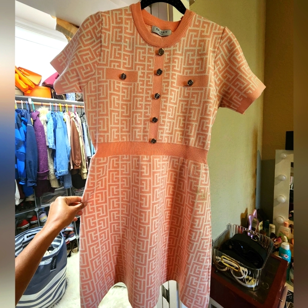 Balmain Pink Cream Jacquard Knit Short Sleeve Dress